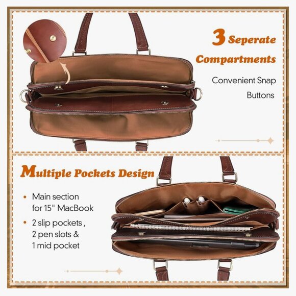 Banuce Full Grain Leather Briefcase Work Bag in Brown - Picture 3 of 16